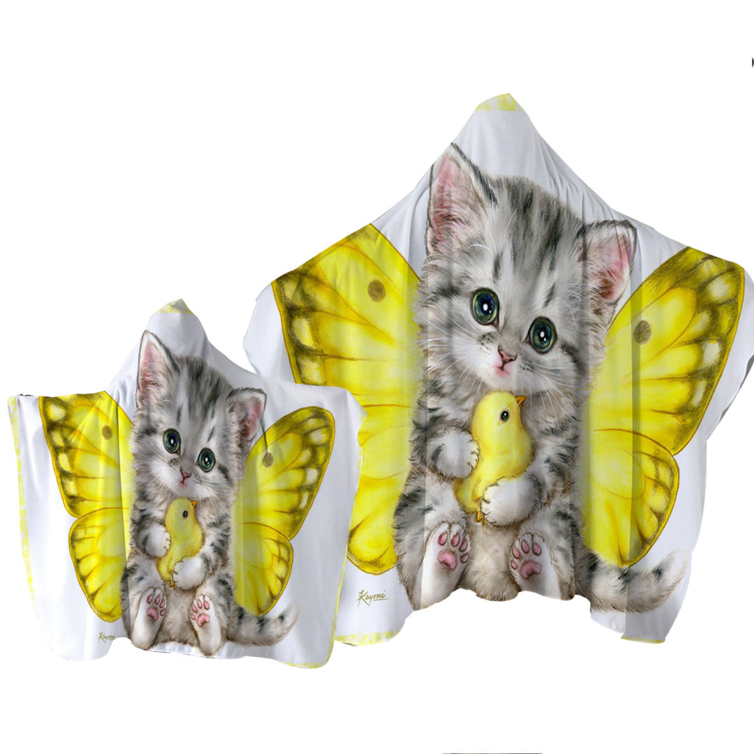 Sweet Yellow Butterfly Kitten and Chick Towel Hoodie