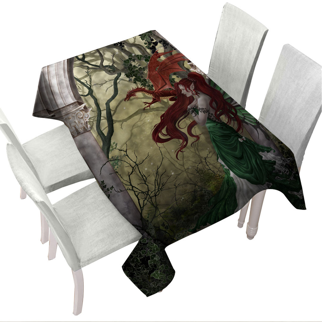 Table Cover with Fantasy Art Beautiful Redhead Green Fairy and Her Dragon