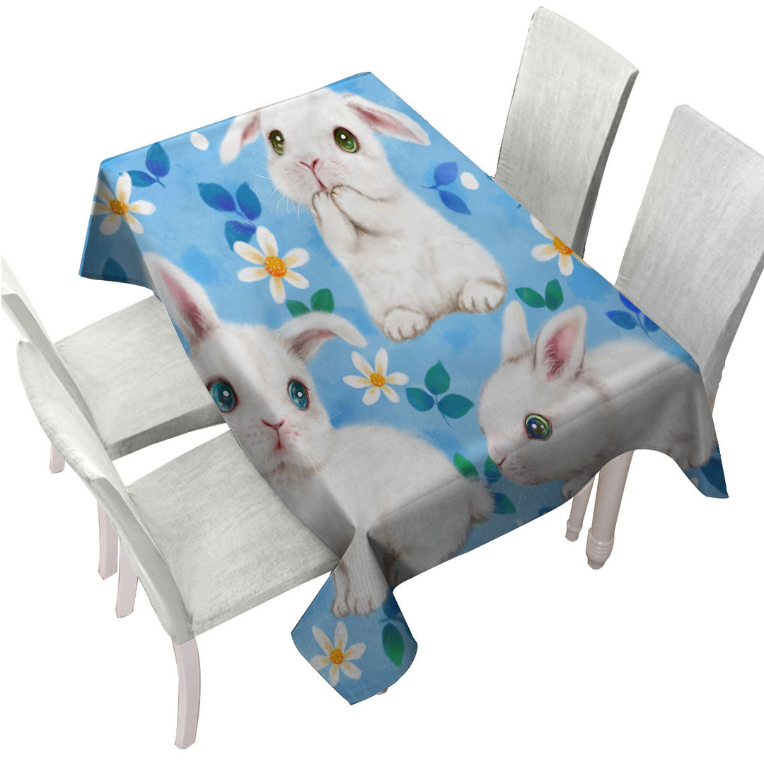 Tablecloth with Adorable White Bunnies and Flowers for Kids