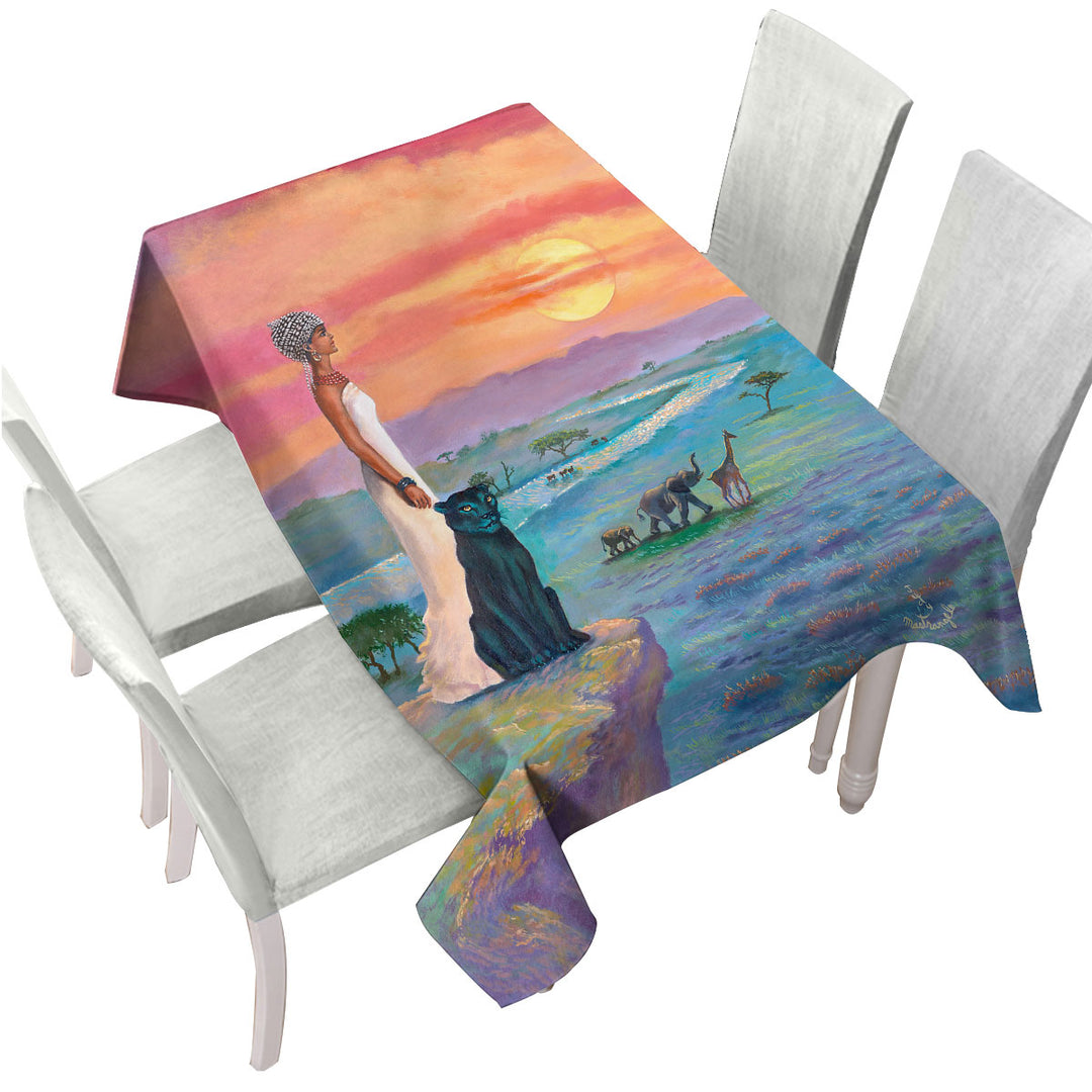 Tablecloth with Art Painting the landscape of Africa Animals and African Queen