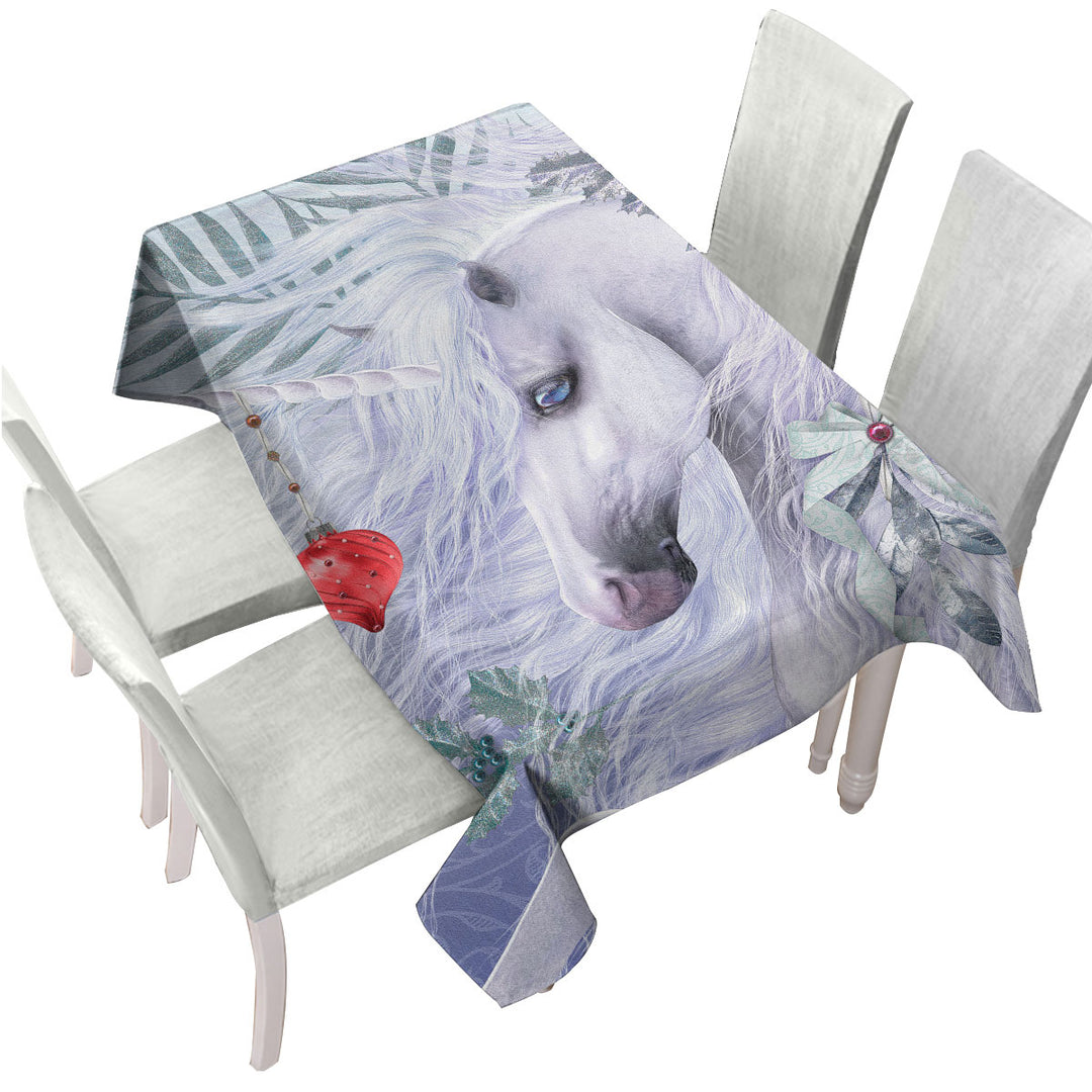 Tablecloth with Blue Eyes Christmas White Unicorn