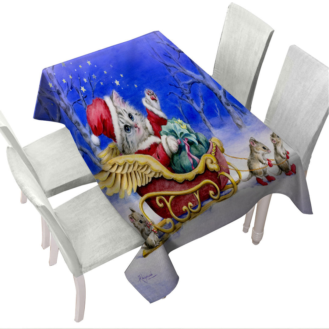 Tablecloth with Christmas Cat Kitten Santa with Mice Friends