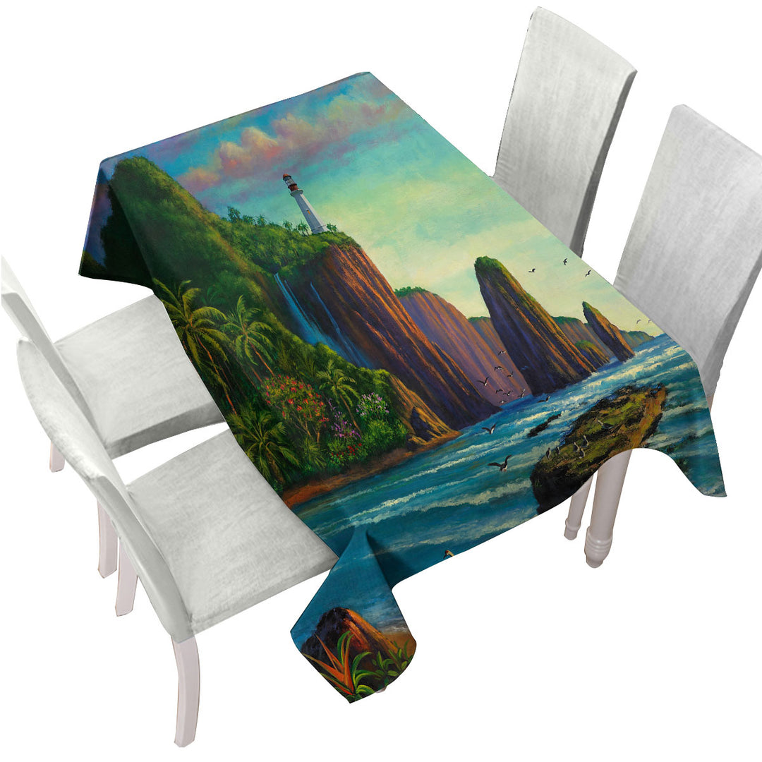 Tablecloth with Coastal Art Painting Lighthouse in Paradise Bay