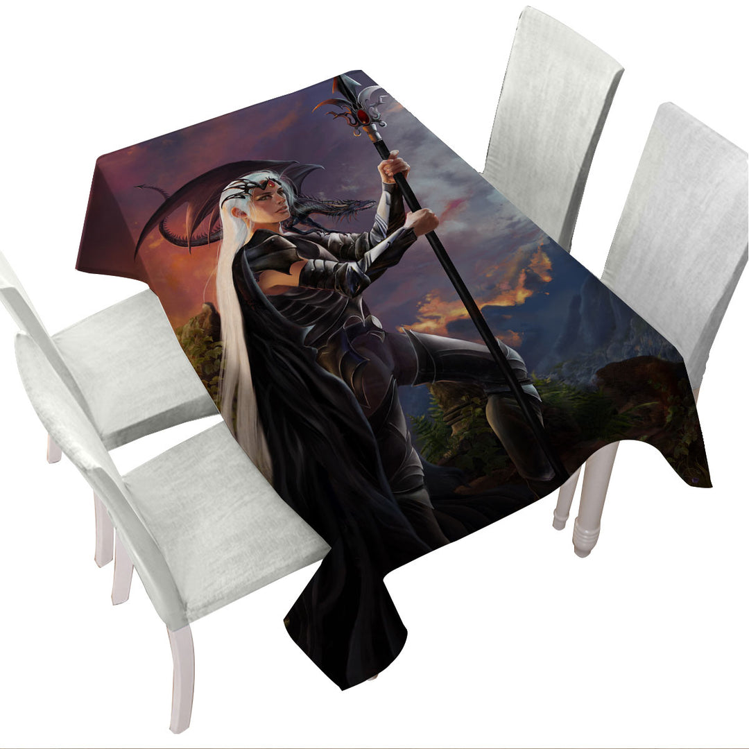 Tablecloth with Fantasy Art Burning Valley and Dragon Girl Warrior