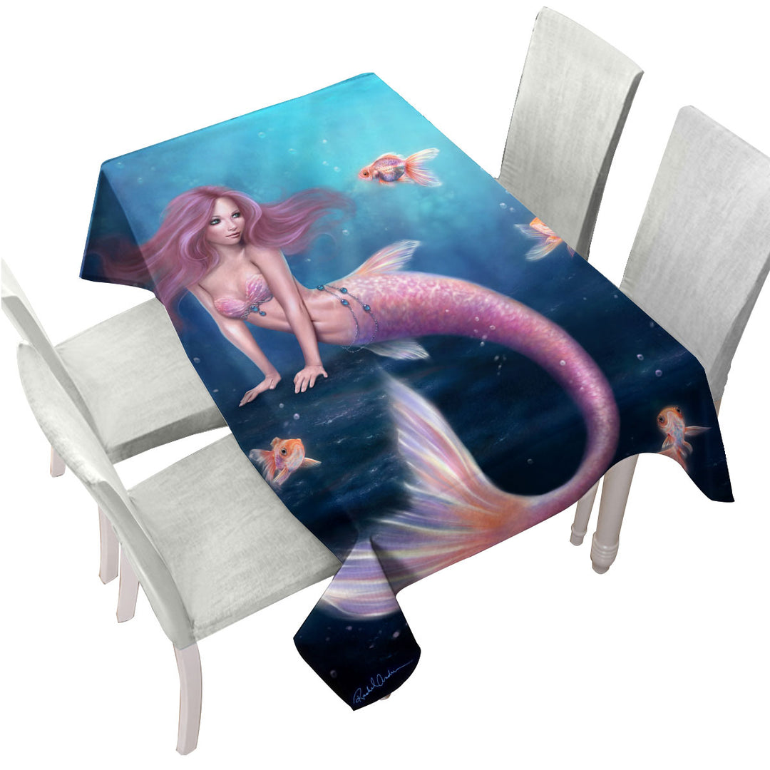 Tablecloth with Fantasy Art Gold Fish and Beautiful Pinkish Mermaid