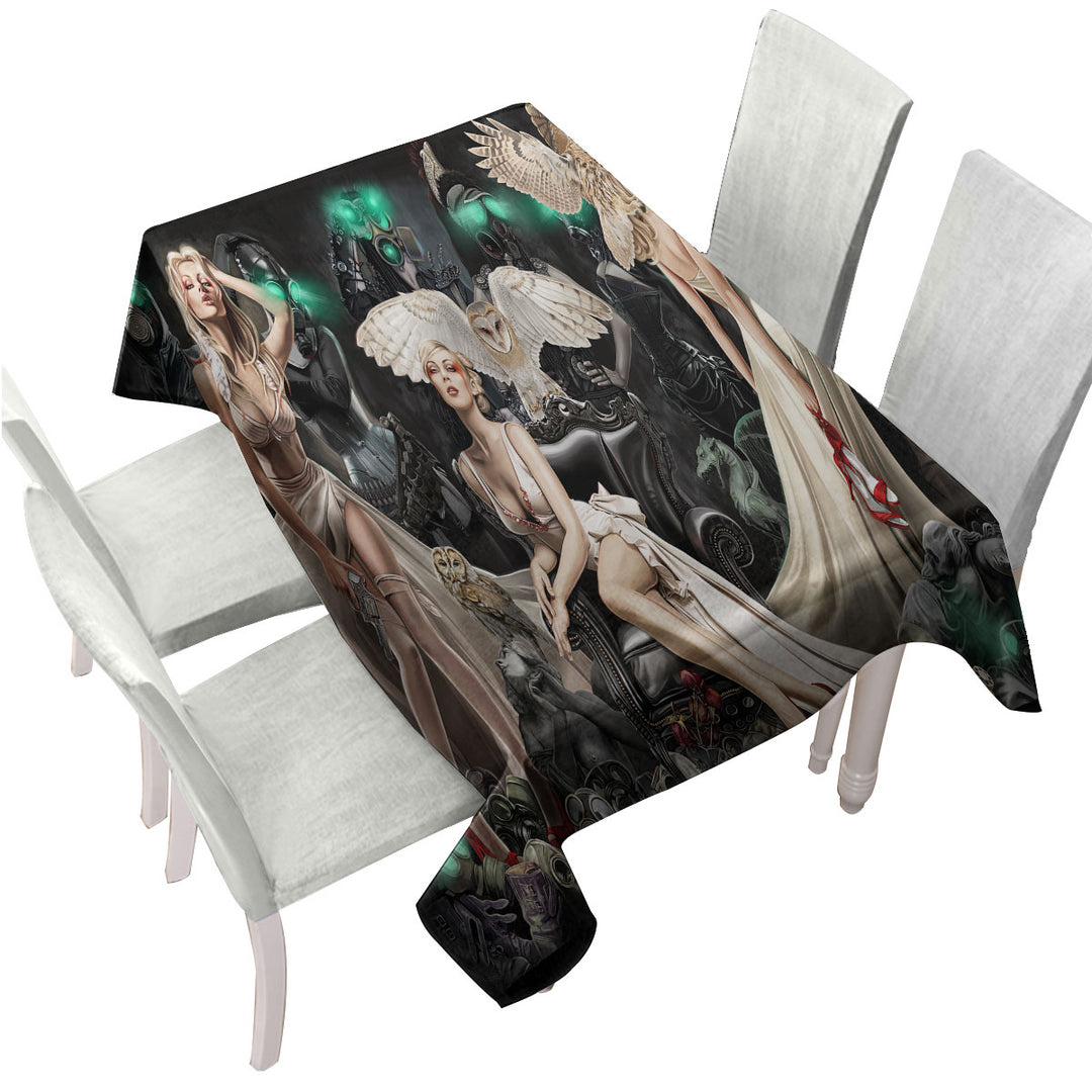 Tablecloth with Fiction Art Trio Attractive Blond Women