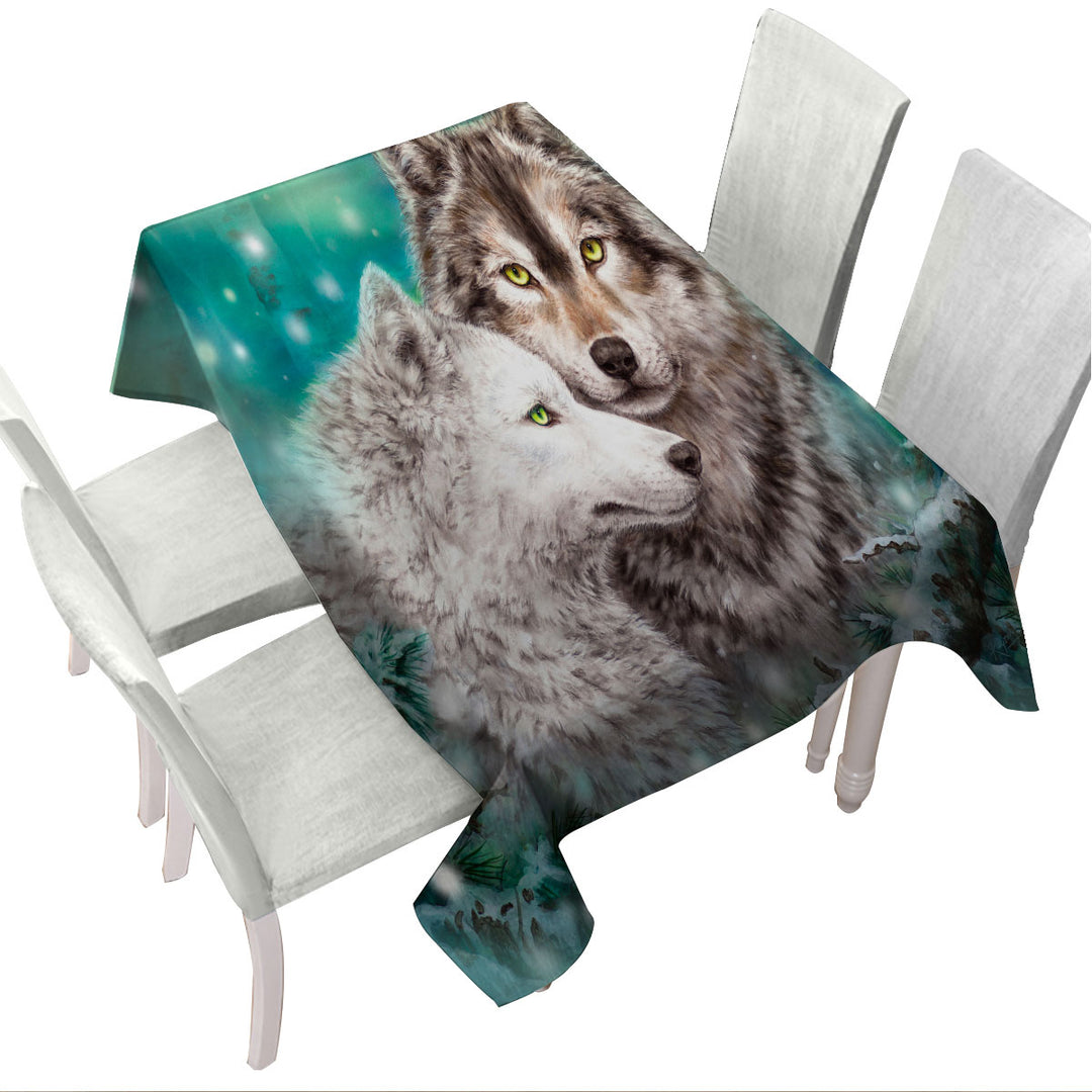 Tablecloth with Snowy Forest Wolves Couple Duet