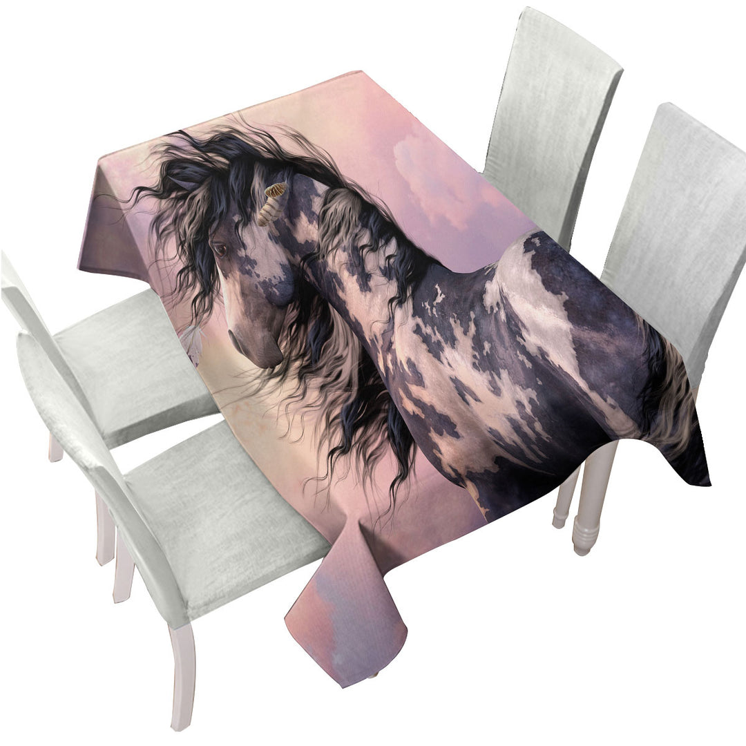 Tablecloth with Sunset Clouds behind Black and White Pinto Horse