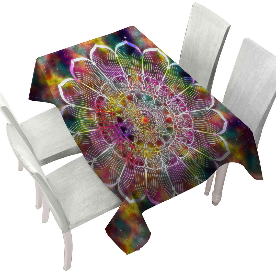 Tablecloth with White Flower Mandala over Colorful Space