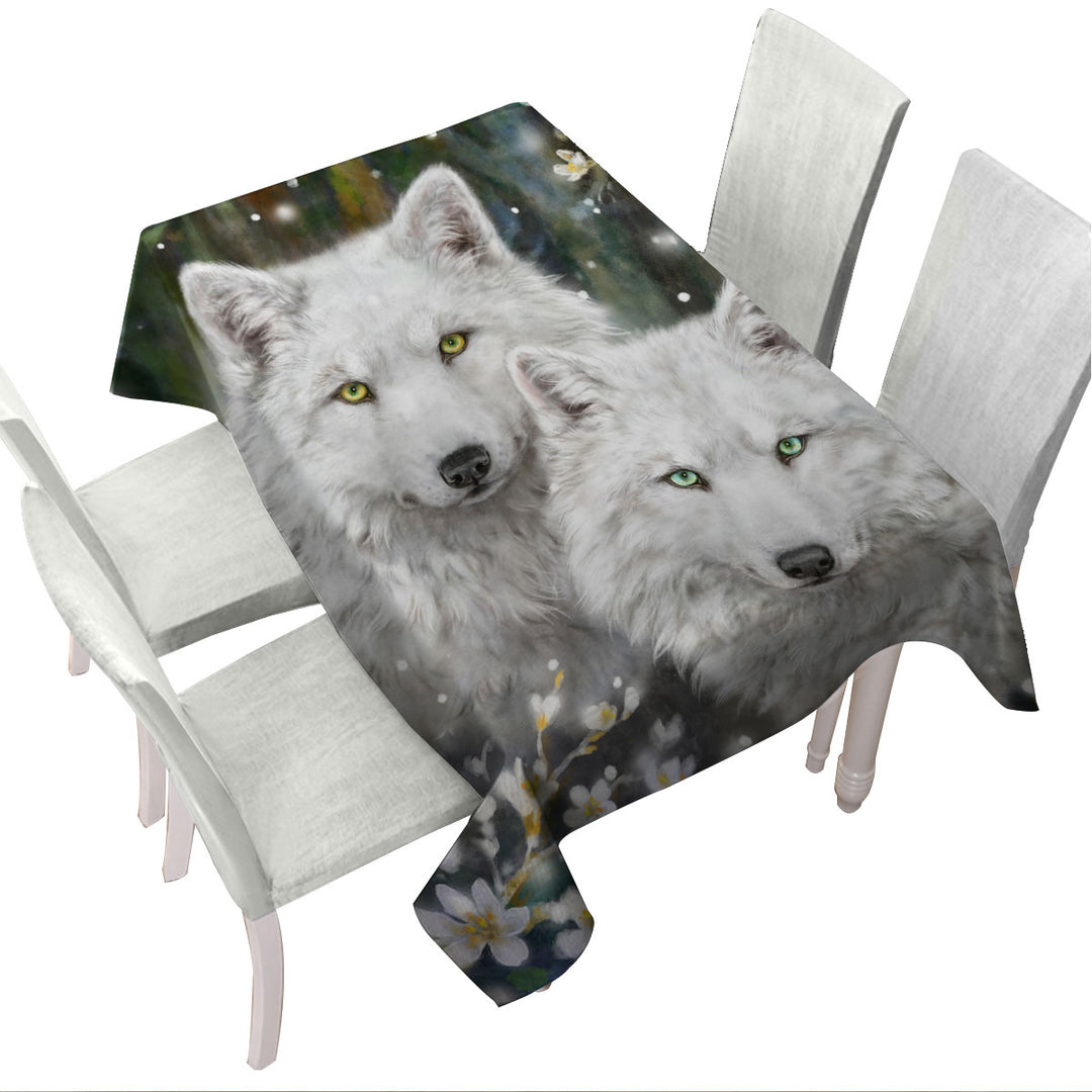 Tablecloth with Wildlife Painting White Wolves and Flowers