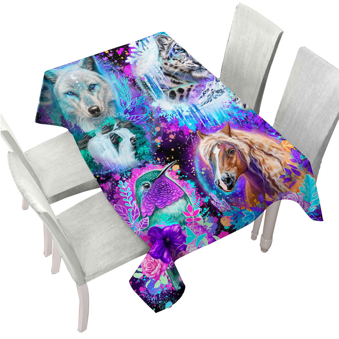 Tablecloth with Wolf Horse Leopard Hummingbird Animal Collage