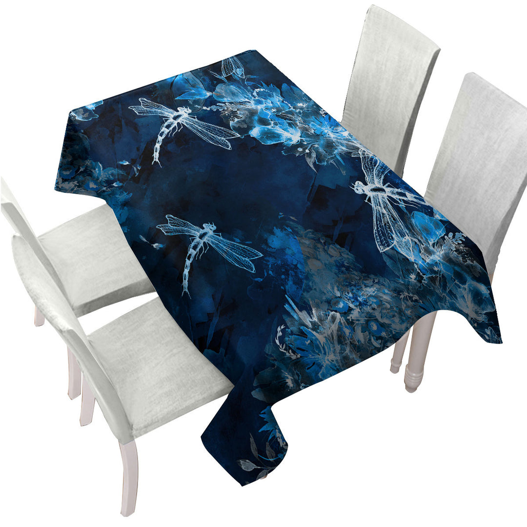 Tablecloth with X ray Blue Flowers and Dragonflies