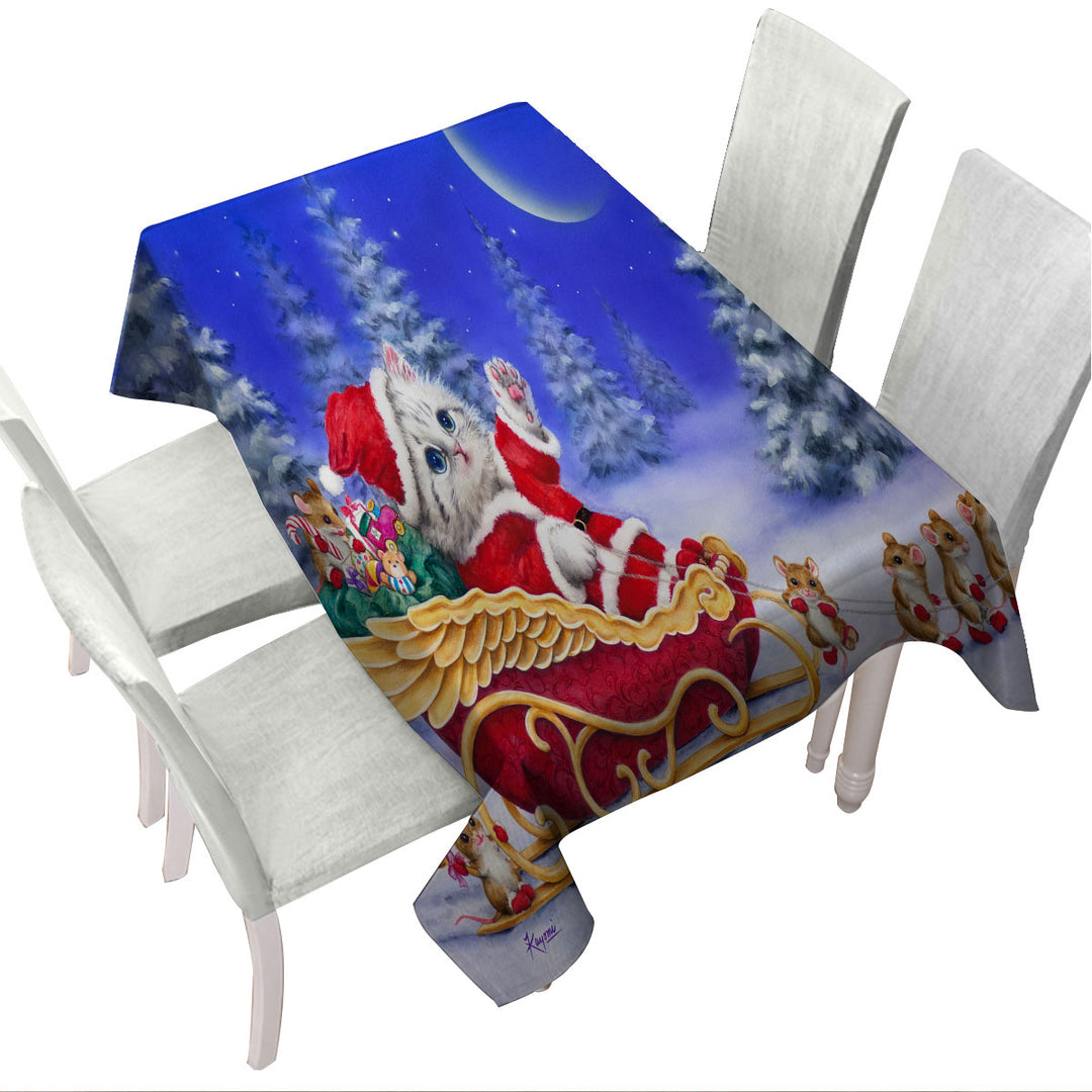 Tablecloths with Christmas Cats Kitten Santa and Mice Helpers