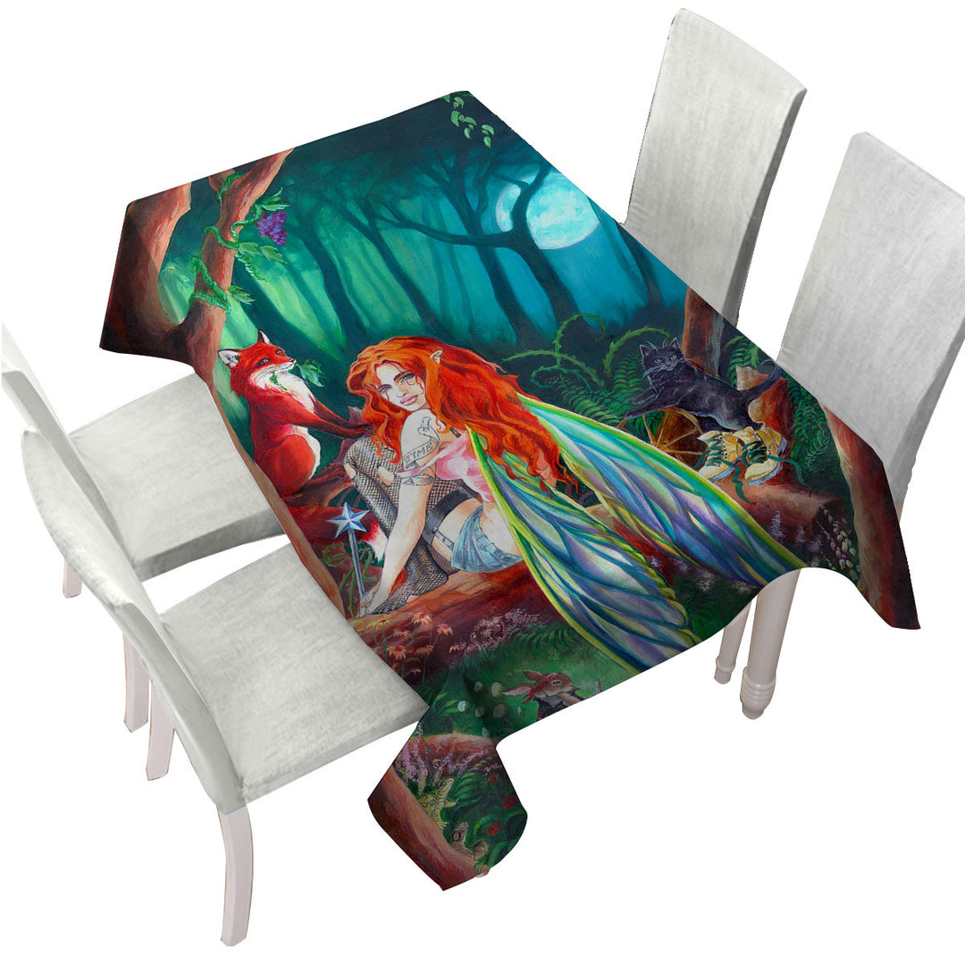 Tablecloths with Cool Fairy Tale Forest Redhead Fairy and Friends