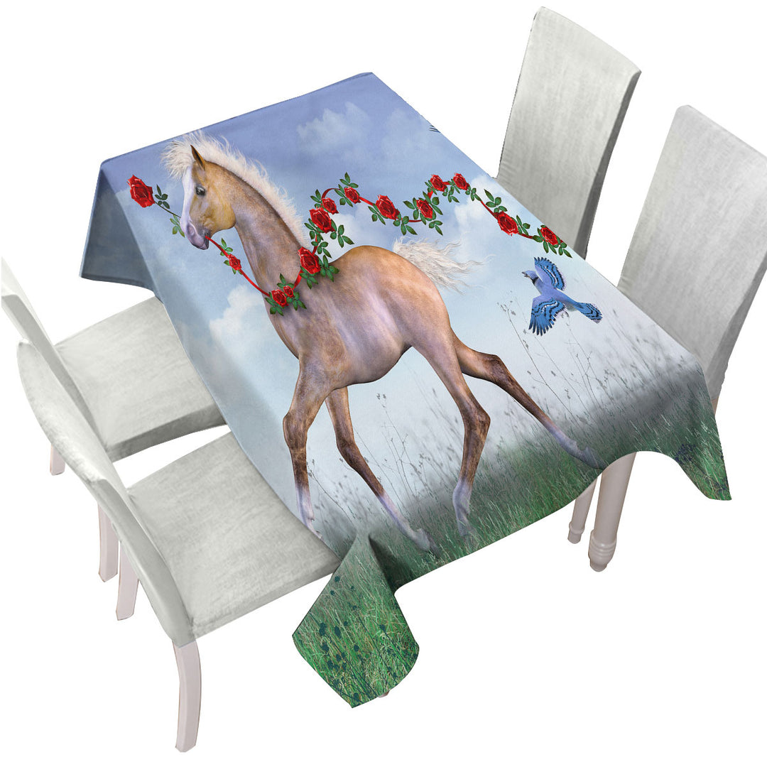 Tablecloths with Cute Foal Horse with Roses and Birds