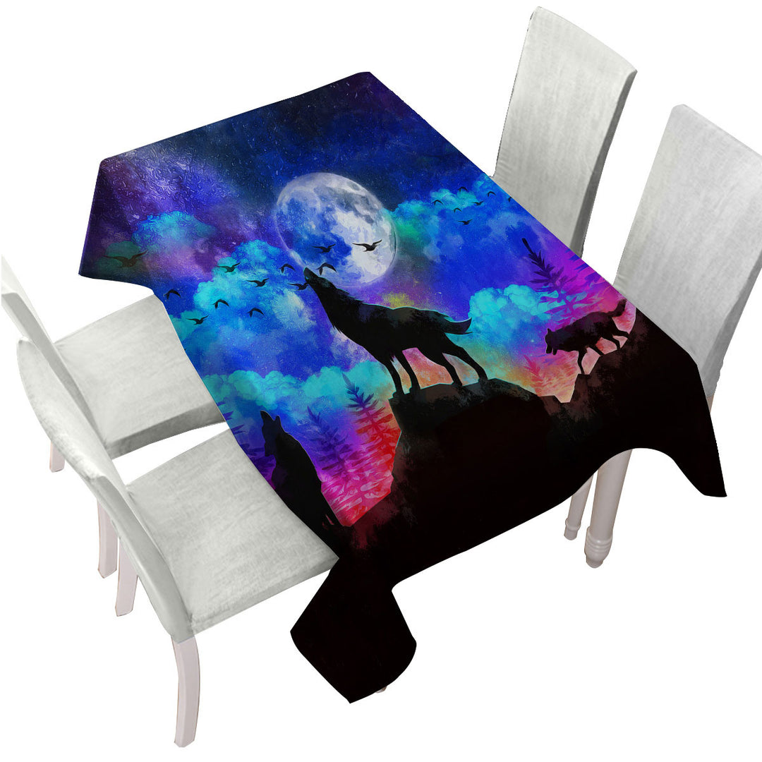 Tablecloths with Full Moon Night Wolf Pack