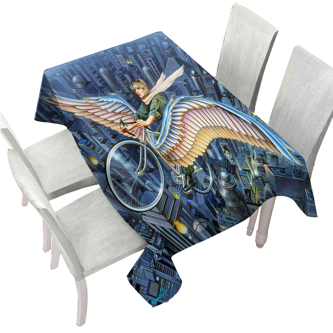 Tablecloths with Future Icarus Bicycle Wings above the City