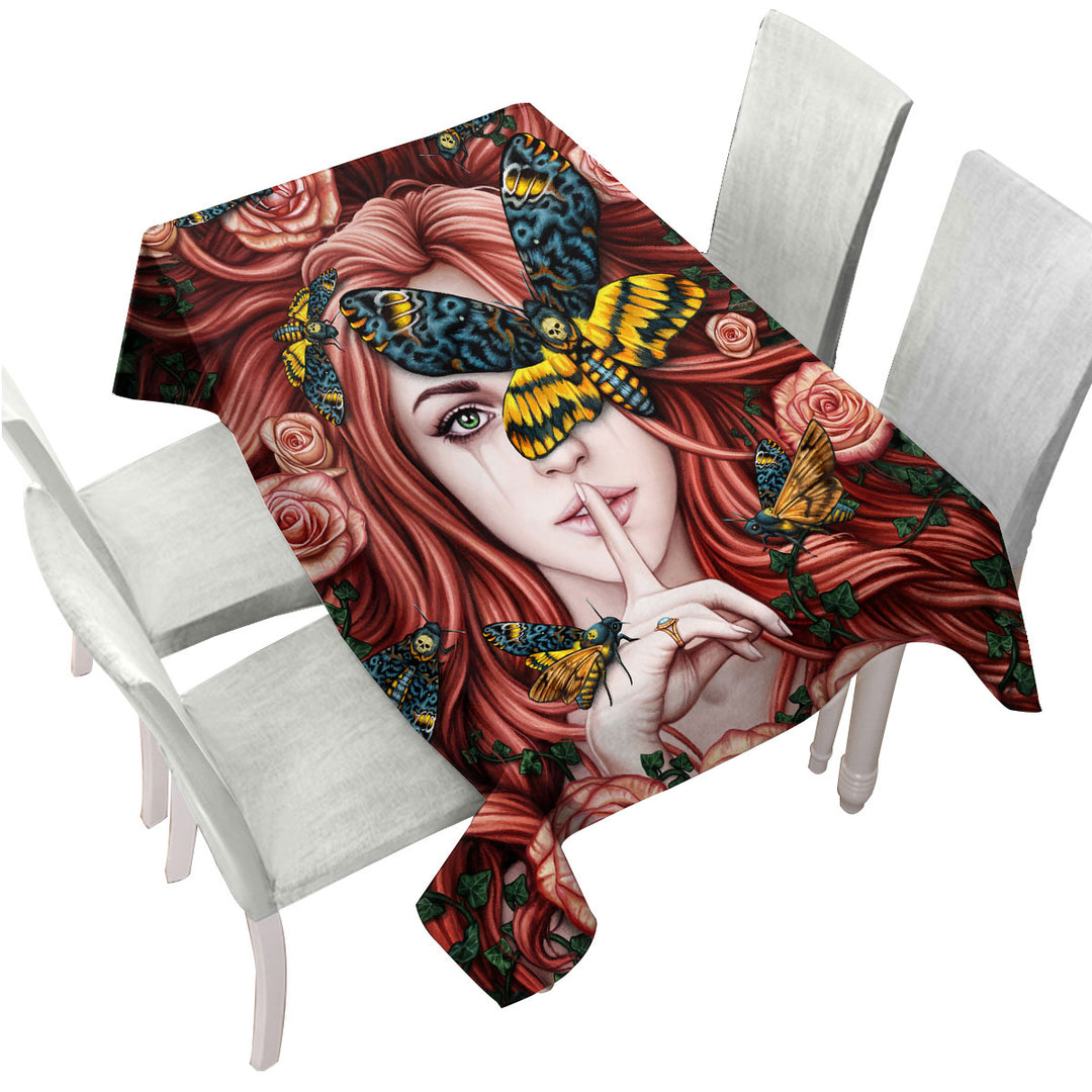 Tablecloths with Lady Moth Roses and Death Moth on Beautiful Woman