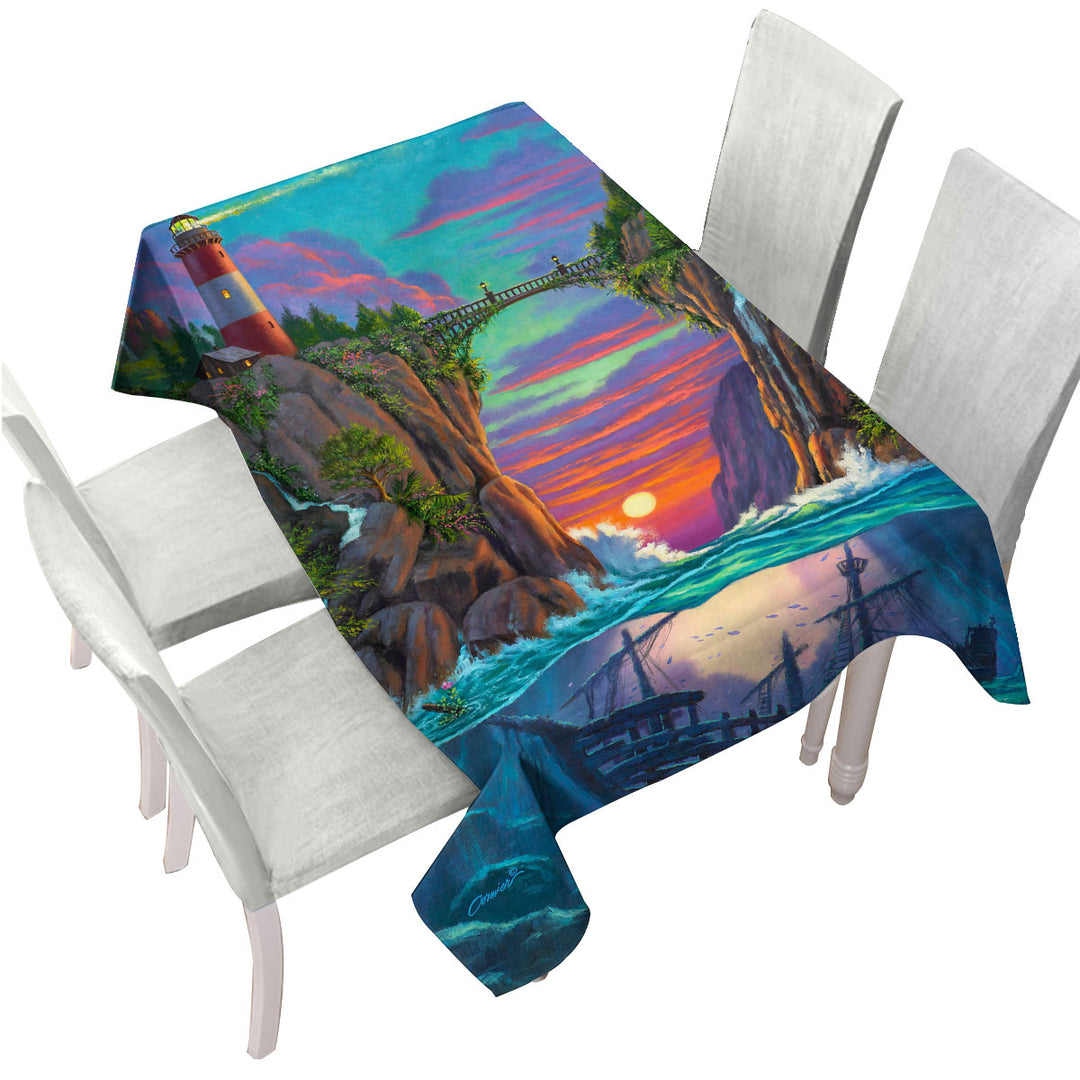 Tablecloths with Stunning Art Sunset Sunken Ship and Lighthouse