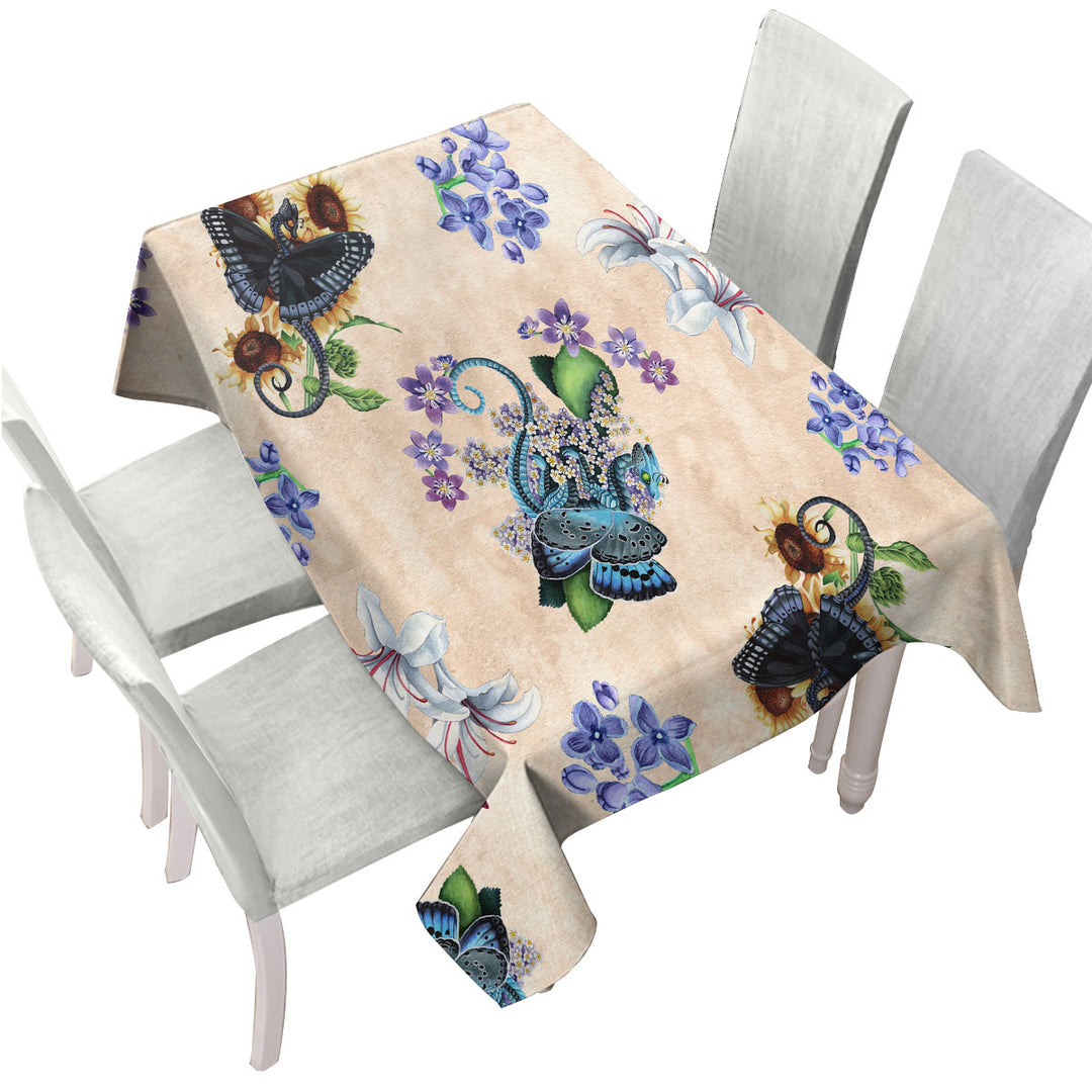 Tablecloths with White Purple Flowers and Butterflies Dragons