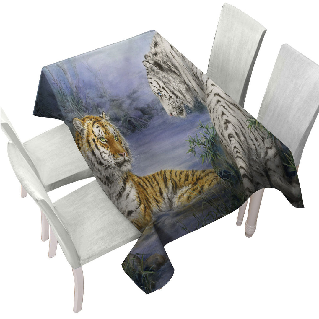 Tablecloths with Wild Animal Art Orange and White Tigers Encounter