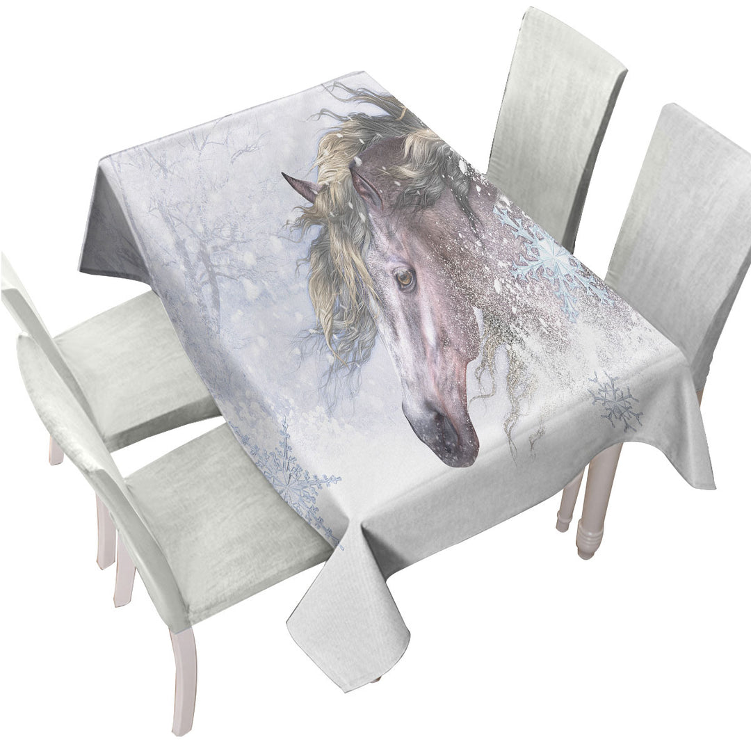 Tablecloths with Winter Snow and Bright Hair White Horse