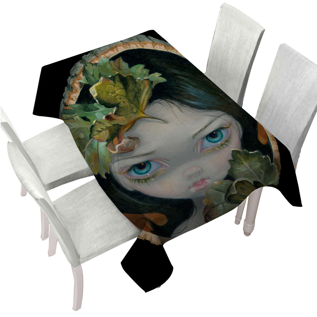 Tablecloths with Wood Sprite with Leaves Painted on Wooden Log