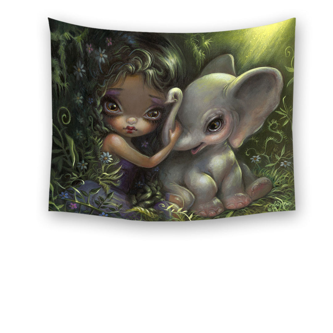 Tapestry Wall Hanging Fabric with Cute Art Big Eyed Maiden with Elephant Frien