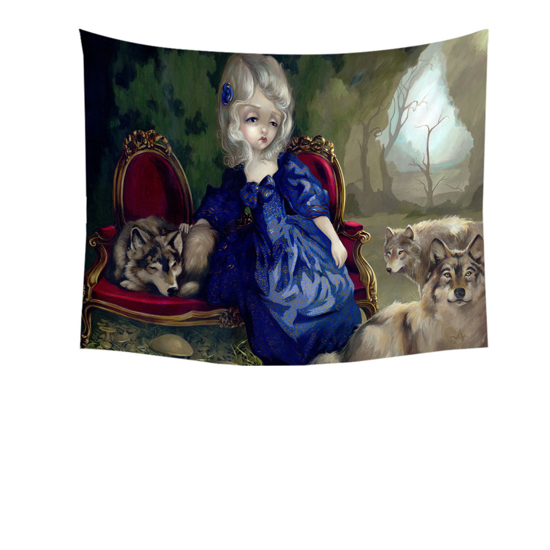 Tapestry Wall Hanging with Loup Garou Fine Art the Sadness Girl and Wolves