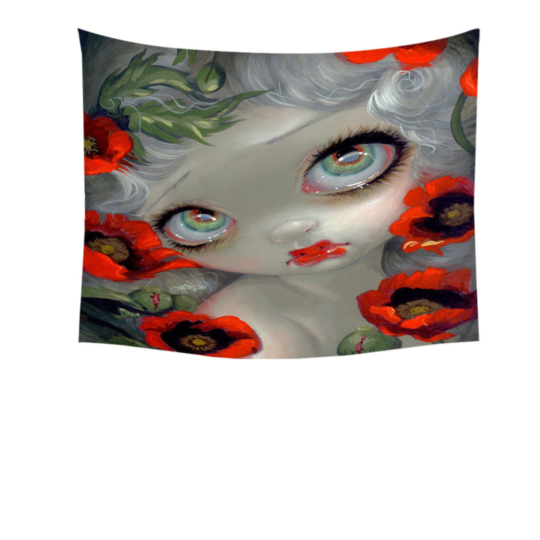 Tapestry Wall Hanging with Poisonous Beauties Opium Poppy Girl and Flowers