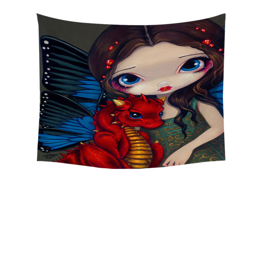 Tapestry of Fantasy Art Girl and Baby Red Dragon Wall Decor