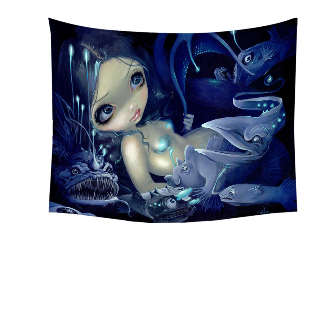 Tapestry with Scary Underwater Art Fish and Mermaid