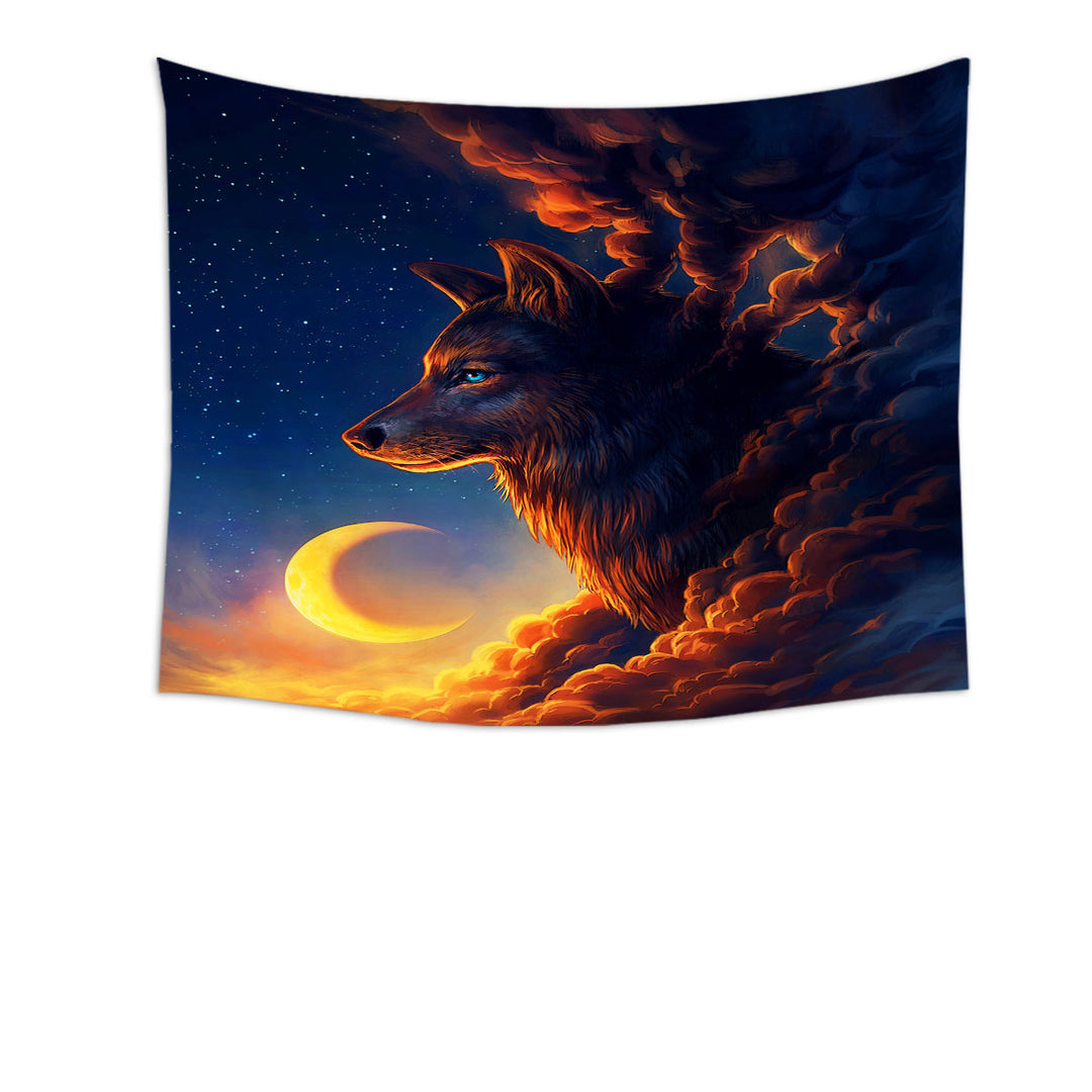 Tapestry with Wolf Art Moon Night Guardian