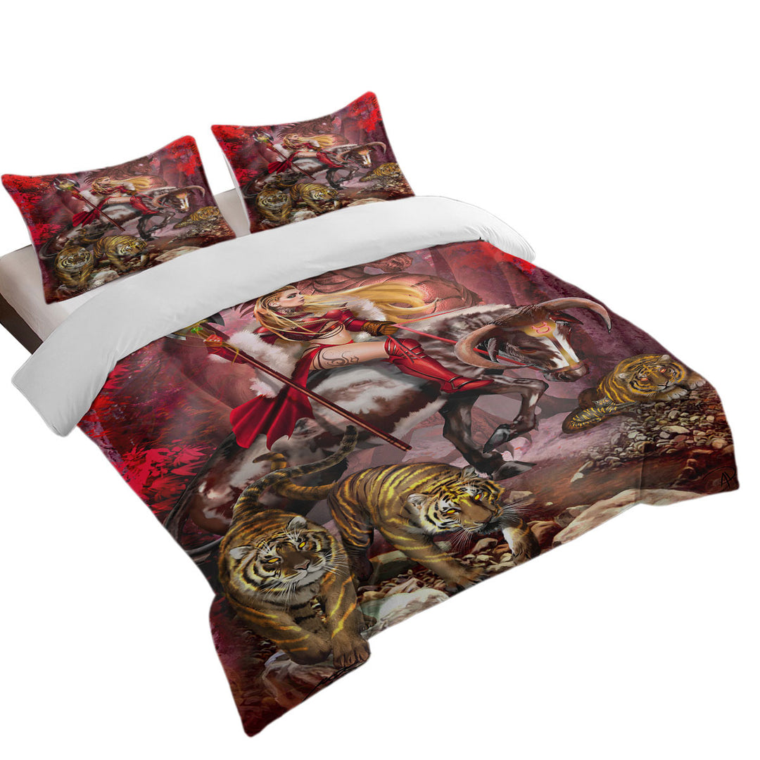 Taurus Bull Woman Warrior Dragon and Tigers Coverlet