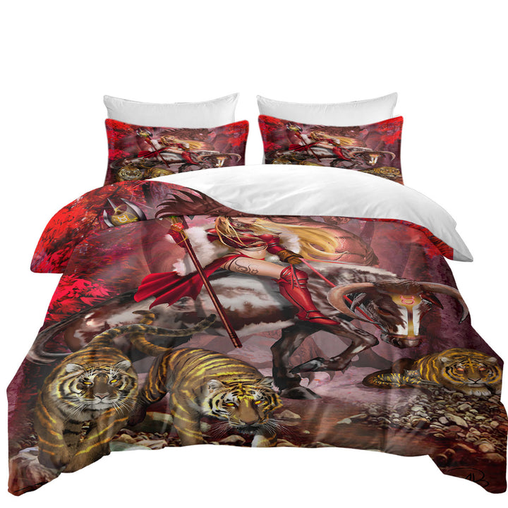 Taurus Bull Woman Warrior Dragon and Tigers Coverlets