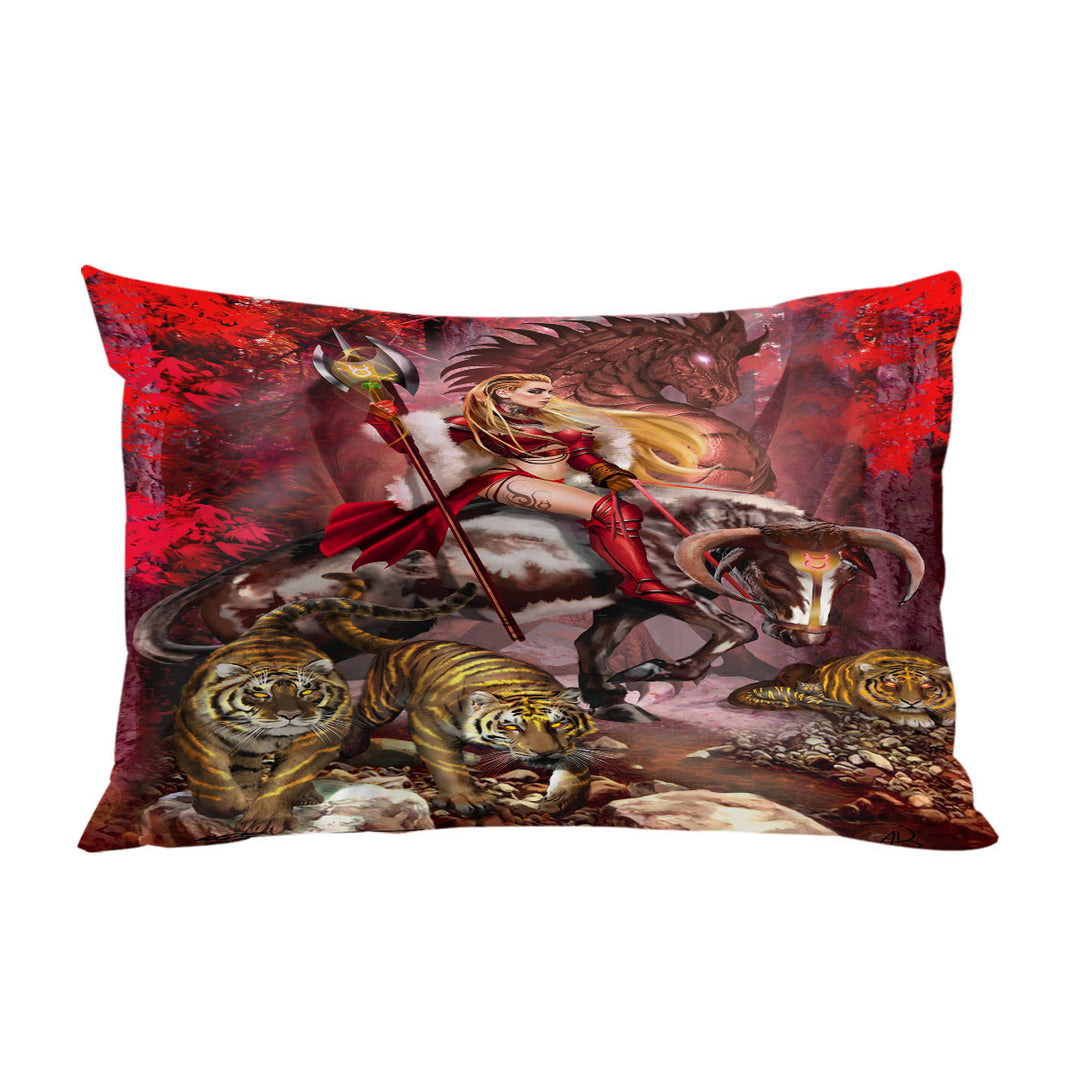 Taurus Bull Woman Warrior Dragon and Tigers Pillowcase