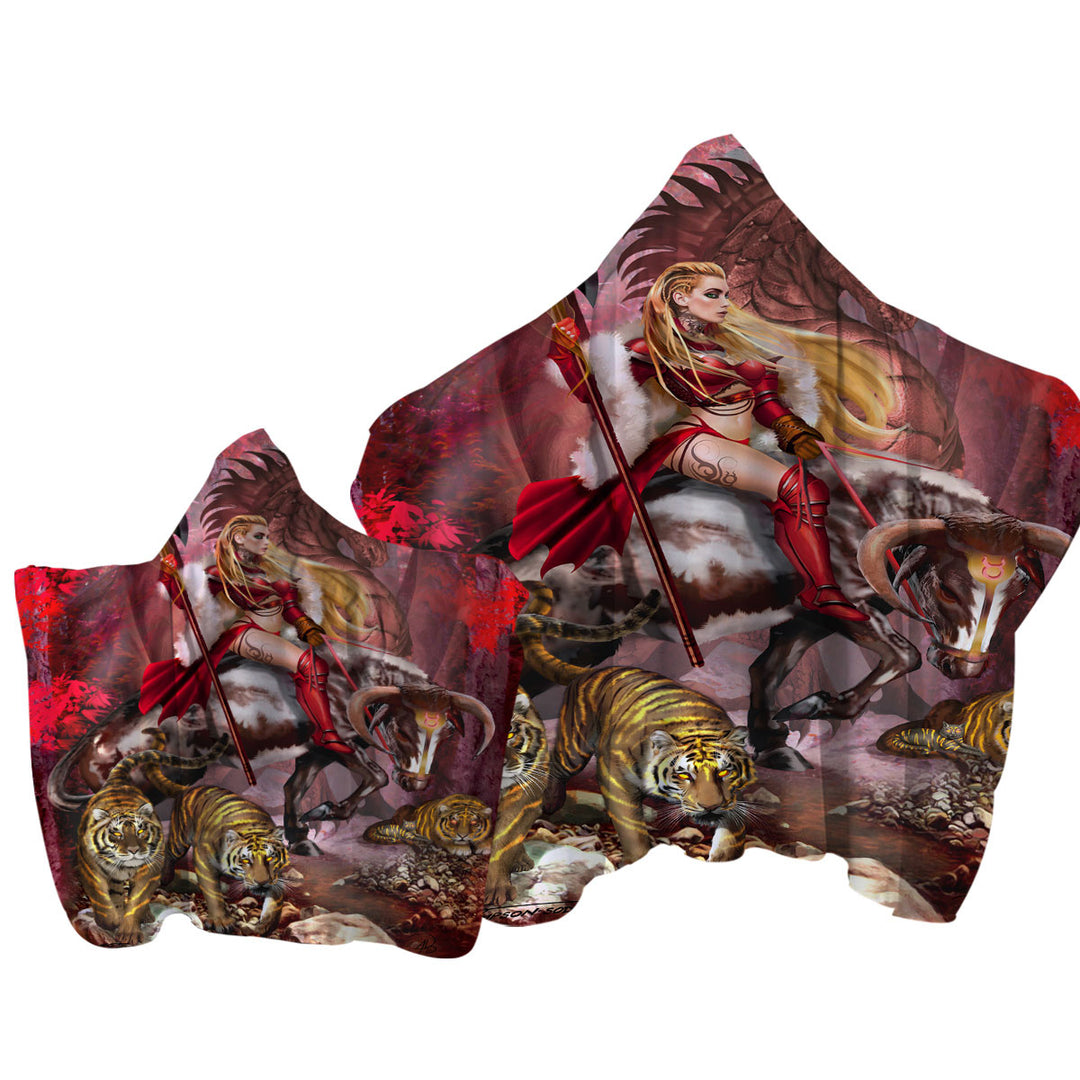 Taurus Bull Woman Warrior Dragon and Tigers Towel with Hood