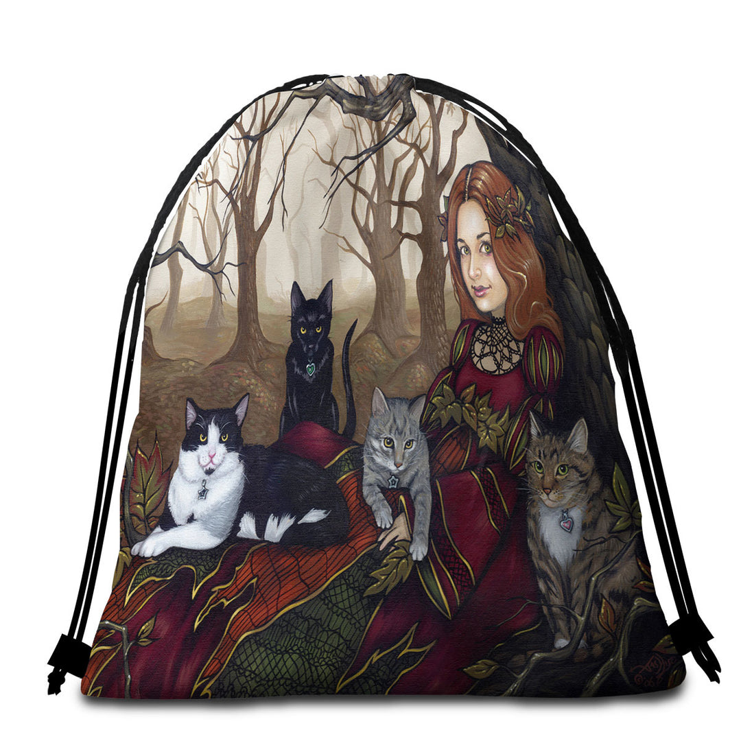 The Autumn Maiden Karen and Her Cats Beach Towels on Sale