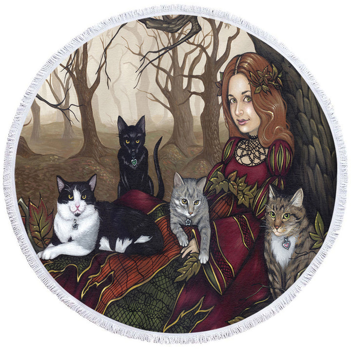 The Autumn Maiden Karen and Her Cats Round Beach Towel