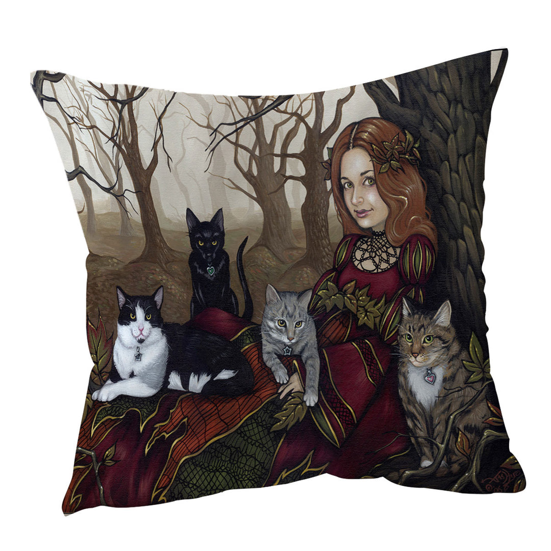 The Autumn Maiden Karen and Her Cats Sofa Pillows