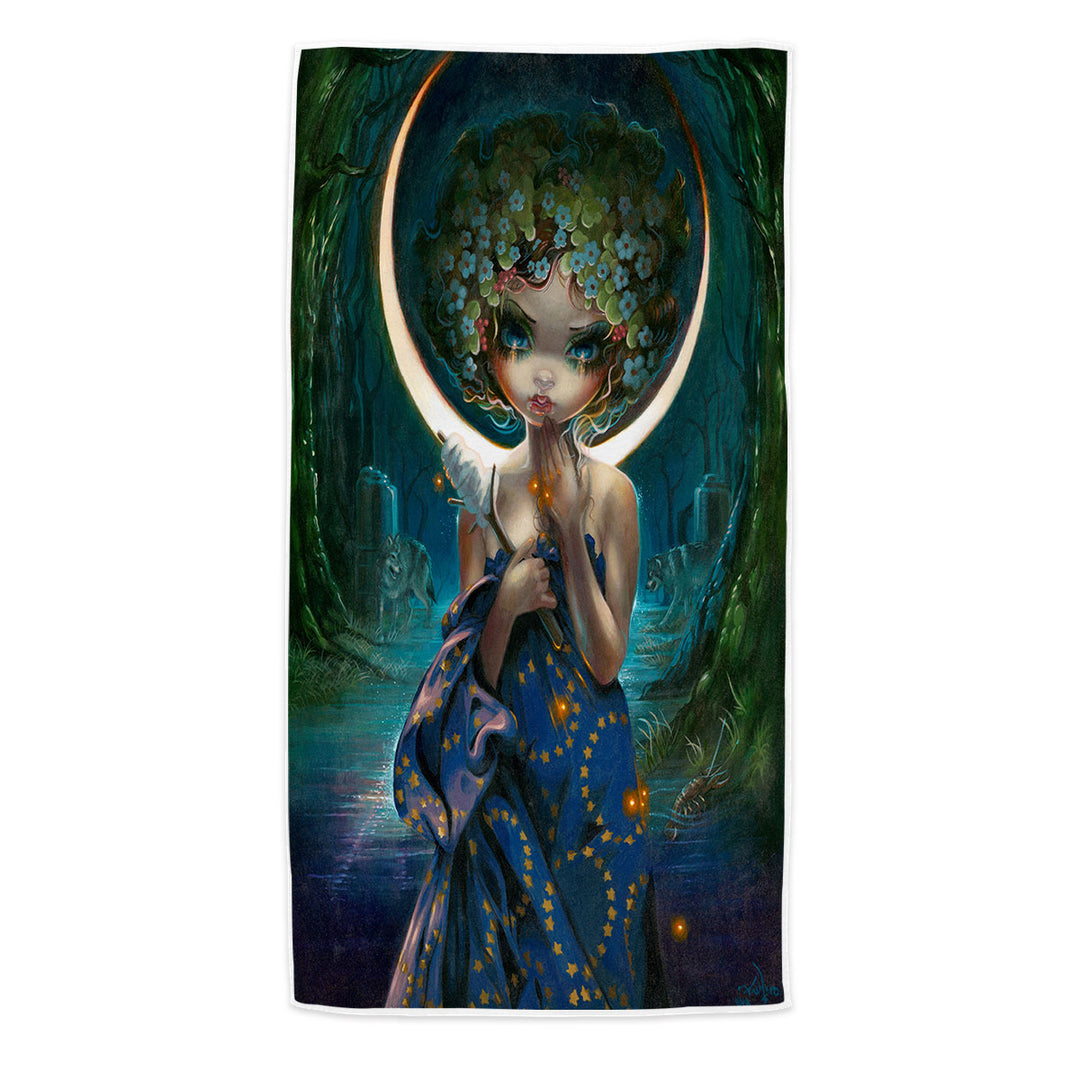 The Moon Goddess Beach Towel Forest Wolves and Beautiful Maiden