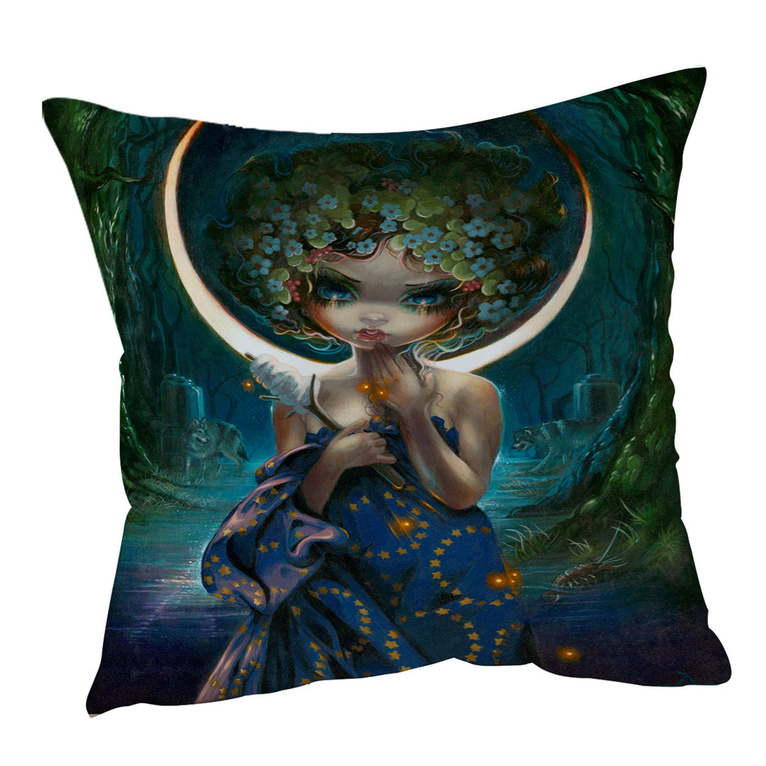 The Moon Goddess Cushion Cover Forest Wolves and Beautiful Maiden