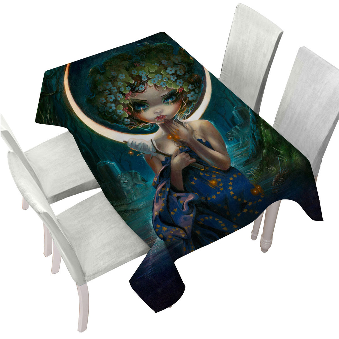 The Moon Goddess Forest Wolves and Beautiful Maiden Tablecloths