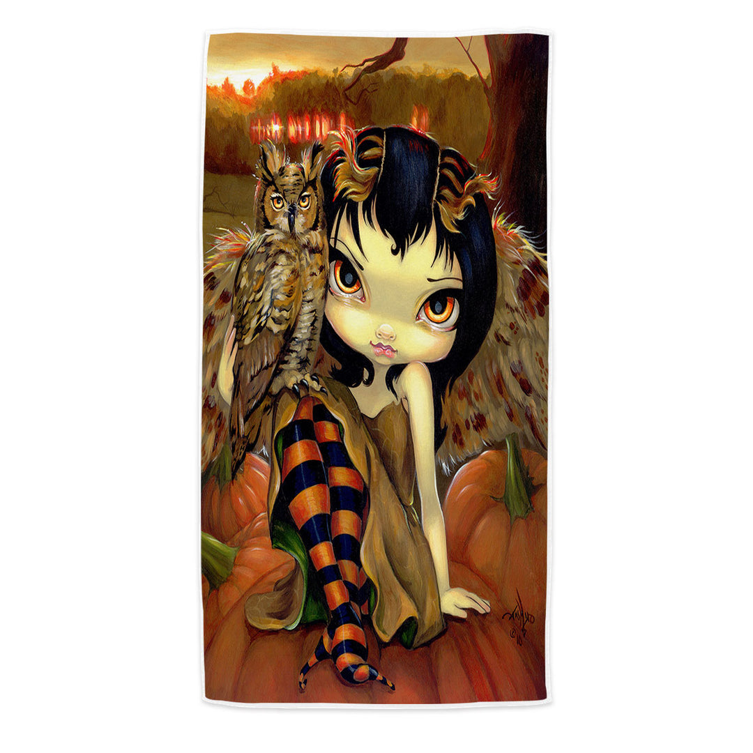 The Owl Fairy Owlyn in Autumn Sitting on Pumpkins Beach Towel