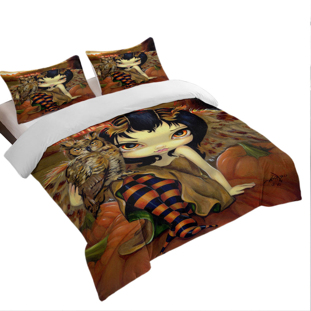 The Owl Fairy Owlyn in Autumn Sitting on Pumpkins Bed Covers