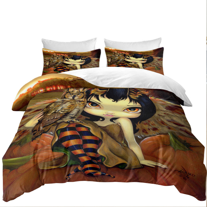 The Owl Fairy Owlyn in Autumn Sitting on Pumpkins Best Duvet Covers