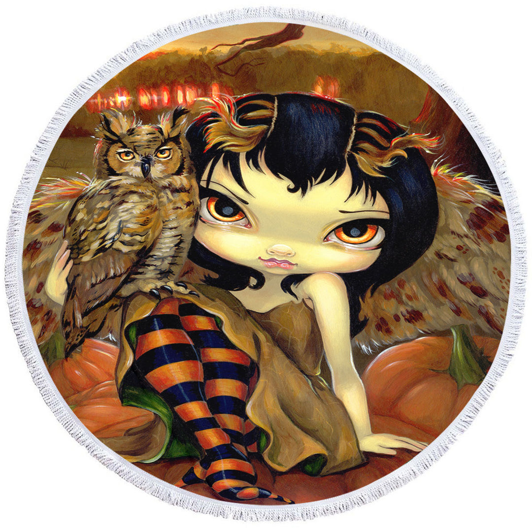 The Owl Fairy Owlyn in Autumn Sitting on Pumpkins Circle Beach Towel