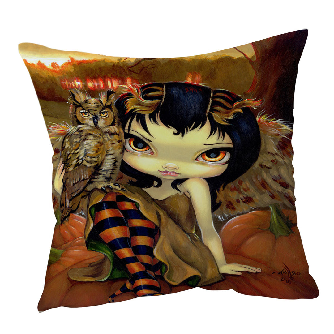 The Owl Fairy Owlyn in Autumn Sitting on Pumpkins Cushion Cover