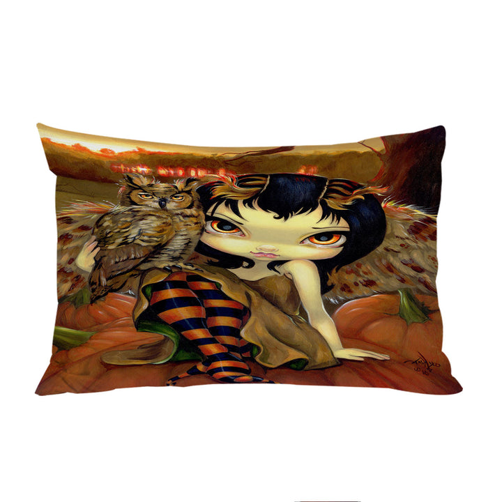 The Owl Fairy Owlyn in Autumn Sitting on Pumpkins Pillow Cases