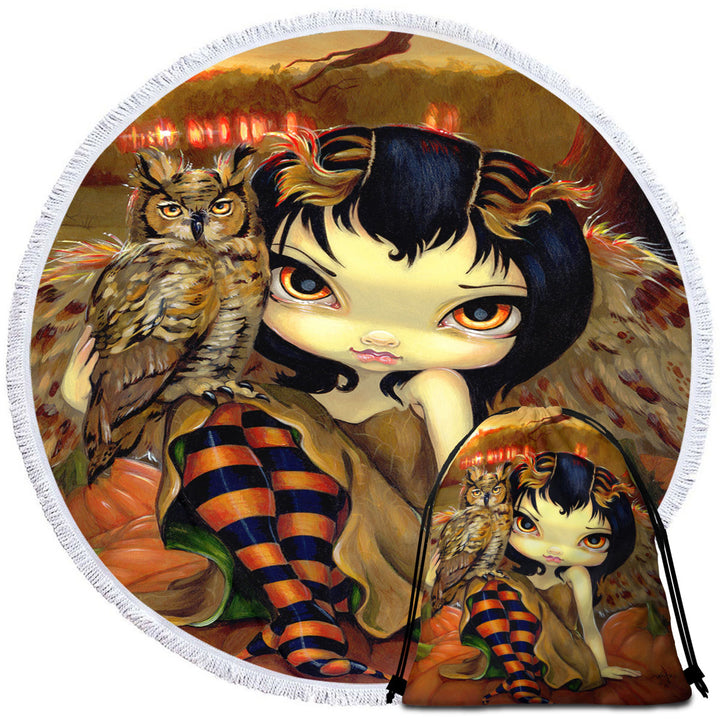 The Owl Fairy Owlyn in Autumn Sitting on Pumpkins Round Beach Towel